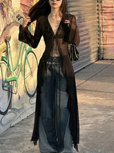 BXOXO Vintage Y2k Black See Through Long Cardigan Women Sexy Grunge V-neck Streetwear Tops Summer Chic Aesthetic Bandage Slim Blouse