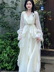 Bxoxo French Fairycon Ruffles Dresses For Women's 2025 New Summer Fashion V-Neck White Long Puff Sleeve Dress Holiday Beach Vestiods