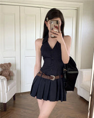Bxoxo Sexy Korean Style Striped Mini Dresses Women Y2k Backless One Piece Short Dress Hotsweet Streetwear Sleeveless Dress