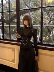 Bxoxo Black Gothic Halter Neck Vest 2 Piece Set Women Y2K Sexy Slim See Through T Shirts Aesthetic Streetwear Punk Camis Sets Mujer