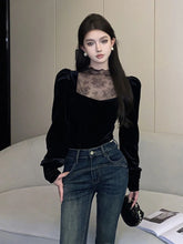 Bxoxo Lace Patchwork Women T Shirt Autumn Sweet Puff Sleeve Slim Crop Tops Female Half Turtleneck Splicing Casual Bottoming Tees