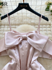 BXOXO Birthday Party Satin Dress Women Sleeveless Off Shoulder Zipper Design Bodycon Senior Sexy Fashion Bow Mini Dresses