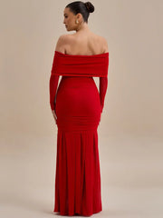BXOXO Off-shoulder Strapless Rose Sexy Maxi Dress For Women Fashion Long Sleeve Backless Ruched Bodycon Club Party Dress
