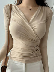 BXOXO Sexy See-through Solid Women T-shirts Korean Style Spring Summer Thin Transparent Long Sleeve Tshirt Female Casual Top Tee