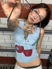 BXOXO Harajuku Print Vintage Tank Tops Women Sleeveless Zipper Y2k Grunge Crop Tops American Retro Tee Tops Summer Out Wear