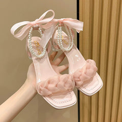 BXOXO New Elegant Pearl Sandals Women Summer Fairy Style Fashion Square Toe Lace Weaving Bead Party Wedding 7Cm Clear High Heels Shoe
