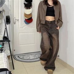 BXOXO Women's Vintage Brown High Waisted Jeans Street Style Girl Wide Leg Bottoms Loose Pants Female Fashion Denim Trousers