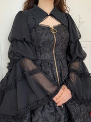 BXOXO Gothic Lolita Cardigan Blouse Women Loose Puff Sleeve Lace Patchwork Black Cropped Shirts Japanese Harajuku All Match Capes Top