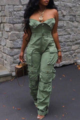 BXOXO Plus Size Fashion Streetwear Denim Jumpsuit Women's Loose Pants Jumpsuit Plus Size Multi-pocket Strapless Jeans