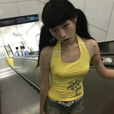 BXOXO Y2k Japanese Tank Tops Lace Up Print Graphic Tops Streetwear Sleeveless T Shirt Women Y2k Vintage Backless Summer Tanks