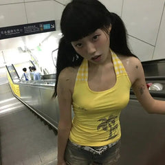 BXOXO Y2k Japanese Tank Tops Lace Up Print Graphic Tops Streetwear Sleeveless T Shirt Women Y2k Vintage Backless Summer Tanks