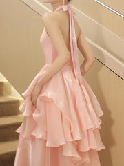 BXOXO Customized Pink Luxury Satin Evening Dress 2025 Off-shoulder Elegant Halter Collar A-Line Ruffle Cake Dress Luminous Formal Occas