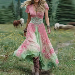 Bxoxo Sexy Retro Ethnic V Neck Long Dress Woman Elegant Boho Print A-Line Spliced Maxi Dress Summer Short Sleeve Holiday Evening Dress