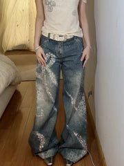 Bxoxo Y2k Vintage Rhinestone Butterfly Women Jeans Washed Harajuku Wide Leg American Style Baggy Denim Pants Gyaru Hip Hop
