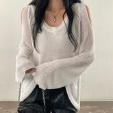 BXOXO Women Hollow Out Off Shoulder Sweater V-Neck Long Sleeve Loose Thin Jumpers Knit Streetwear Top Women Autumn Winter