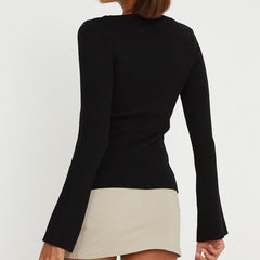 BXOXO Front Tie Up T-shirt Women Vintage Long Sleeve Slim Fit Tee Fairy Y2K Knitted Cardigans Crop Tops Korean Streetwear