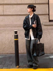 BXOXO Vintage PU Leather Jacket Women High Street Techwear Oversized Moto Biker Coats BF Punk Loose Casual Cropped Outerwear