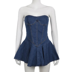 BXOXO Chest Wrap Sexy Dress Women Sleeveless Backless Split Splicing Tight Denim Mini Dress Thin Sexy Y2K A-word Denim Dress