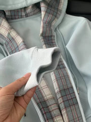 Bxoxo Plaid Patchwork Blue Hoodies Women Sweet Preppy Style Long Sleeve Cute Sweatshirts Loose Casual Vintage Female Korean Tops New