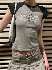 Women Raglan Long Sleeve Crop Tops Print Casual Retro Round Neck Crop T-shirt Blouse Y2k Harajuku Streetwear Clubwear