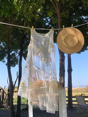 Bxoxo Mesh Floral Embroidery Tank Dresses Fairycore Y2k Sweet Sleeveless Dress See Through Cover Up Shoujo Girl Aesthetic