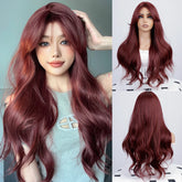 BXOXO Synthetic 26 Inch Wine Red Curly Wig With Separated Bangs Heat-Resistant Deep Wave Hair Sweet Natural Party Or Selfie