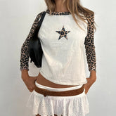 Bxoxo Retro Leopard Print T-shirts Women Casual Autumn Long Sleeve Knitted Cropped Tops y2k Vintage Tees Aesthetic Ladies Basic