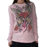 Grunge Y2K Long Sleeve T-shirt 90s Vintage Winged Graphic Print Tees Cottage 2000s Retro Aesthetic Crop Tops Women Clothes