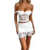 Bxoxo Sexy Outfits for Women Lace Clothes Set Off Shoulder Strapless Sleeveless Tops and Short Mini Skirt 2 Piece Streetwear