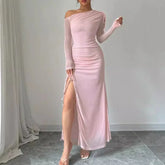 BXOXO Autumn Long Sleeve Dress Women Pink Mesh Maxi Dress New Arrivals High Slit Bodycon Party Dresses Women
