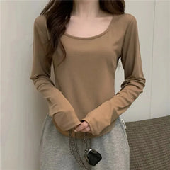 BXOXO Square Neck Long Sleeve T-Shirt Women Spring Autumn New Irregular Hem Slim Casual Top Winter Solid Bottom Shirts New Korean