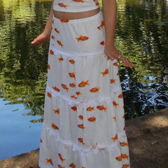 BXOXO New Summer Streetwear Sexy Slip Dress Sleeveless Printed Top Slim Fit Patchwork Backless Lace Women's Long Skirts Dress