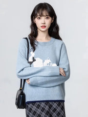 Bxoxo Cartoon Cat Print Kawaii Sweaters Women Sweet Bow Long Sleeve Cute Knitted Jumper Vintage Japan O Neck Casual Loose Pullovers