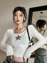 BXOXO Y2K American Retro Star T Shirts Women Harajuku Grunge Slim Basic Crop Tops Vintage Casual Long Sleeve Tees Aesthetic