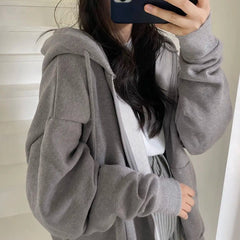 BXOXO Women Hoodies Solid Color Zip Up Pocket Oversized Harajuku Korean Sweatshirts Female Long Sleeve Hooded Streetwear Casual Top