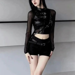 BXOXO Harajuku Sexy Crop Top Black Leather T-shirts 2025 Autumn New Slim Fit Tee Shirt Y2k E-Girl Long Sleeve Mesh Tops Women
