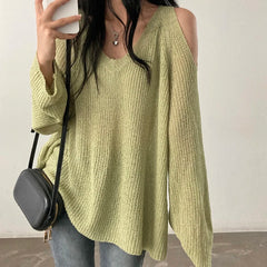 BXOXO Women Hollow Out Off Shoulder Sweater V-Neck Long Sleeve Loose Thin Jumpers Knit Streetwear Top Women Autumn Winter