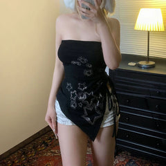 BXOXO Star-shaped Rhinestone Slit Crop Top Asymmetric Drawstring Lace-up Strapless Tube Tops for Women y2k Aesthetic Summer Tee