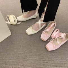 BXOXO New Women's Flat Footwear Pink Ballet Women Single Shoes Fashion Lace Up Girl Mary Jane Shoes Sweet Flowers Ladies 2024 Spring