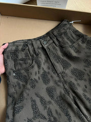 Bxoxo Vintage Leopard Print Wide Leg Jeans Women Y2K High Waist Streetwear Loose Casual Denim Pants Winter Thick Warm Cowboy Trousers