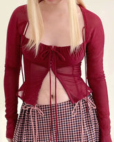 BXOXO Mesh Cyber Y2k Bandage Sexy Casual T-shirts Gothic Punk Square Neck Skinny Crop Tops Women Ruched Long Sleeve Blouses