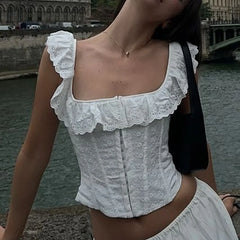 BXOXO Summer White Corset Top Sexy New Arrivals Summer Crop Top Women Lace Up Tanks Top