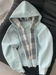 Bxoxo Plaid Patchwork Blue Hoodies Women Sweet Preppy Style Long Sleeve Cute Sweatshirts Loose Casual Vintage Female Korean Tops New