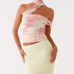 BXOXO Y2k Strapless Floral Tube Top with Neck Scarf Shirt One Shoulder Mesh Ruched Crop Tank Going Out Top for Women