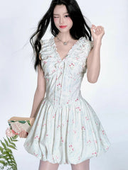 BXOXO Floral V Neck Sexy Dress Women Casual Elegant Sleeveless Mini Dress Vintage Lace Up Female Korean Summer Beach Style Dress