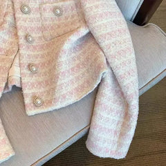 Bxoxo Vintage Tweed Women Coats Korean Elegant Hepburn Style O Neck Jacket Y2K Autumn Office Lady Pearl Button All Match Crop Outwear