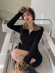 Bxoxo Leopard Print Patchwork Mini Dress Women Y2K Autumn Sexy Slim Black Dress Fashion Streetwear Long Sleeve Lapel Splicing Vestidos