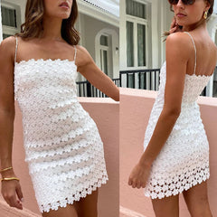 BXOXO White Hollow Sleeveless Mini Dresses Sexy Lace Embroidery Slim Club Party Dress Fashion Off Shoulder Spaghetti Strap Dress