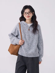 Bxoxo Korean Vintage Gray Sweaters Women Long Sleeve Casual Simple Knitted Hooded Jumper Retro Loose All Match Female Fall Winter Tops