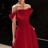 BXOXO prom dresses 2025 Customized Red Satin Wedding Dress Women Boat Neck Off The Shoulder Pleated Evening Dresses Elegant Simple Sleeveless A-Line